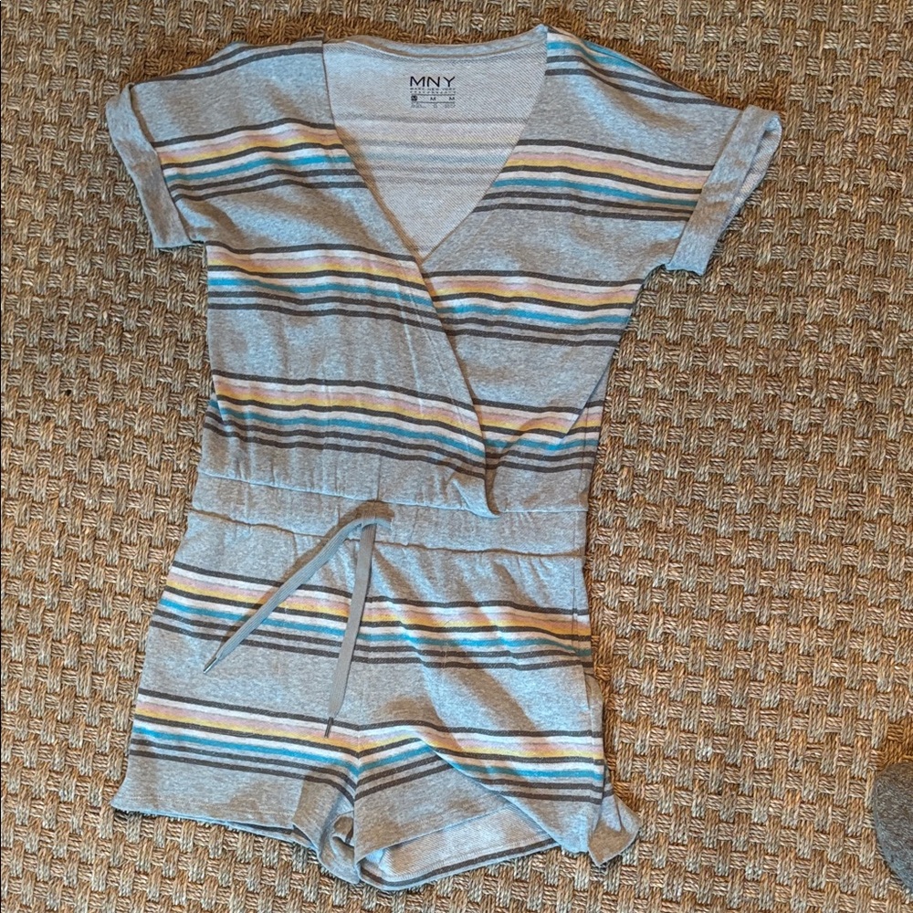 Marc New York Gray Striped Shorts Bodysuit with Blue, Yellow, and White Accents